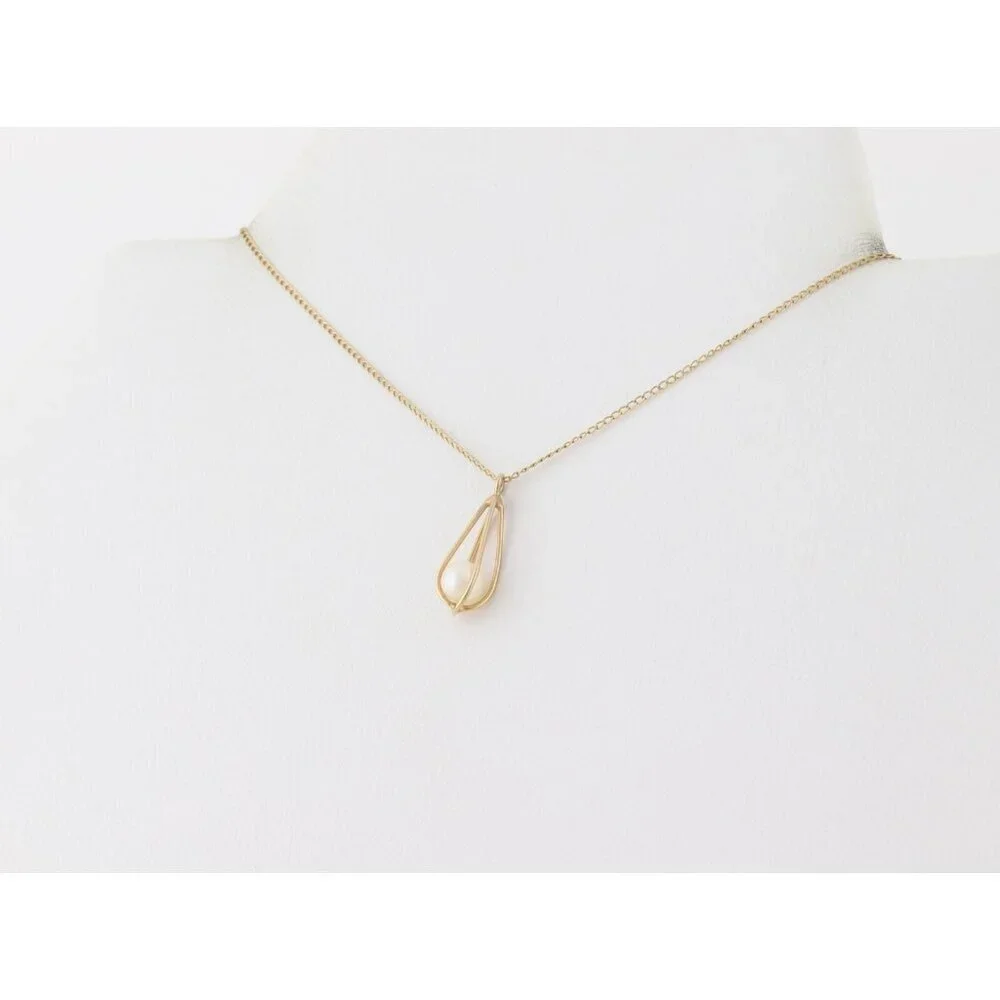 14k Yellow Gold Freshwater Pearl Necklace 15" Chain Petite Woman Teen Child - Picture 7 of 8